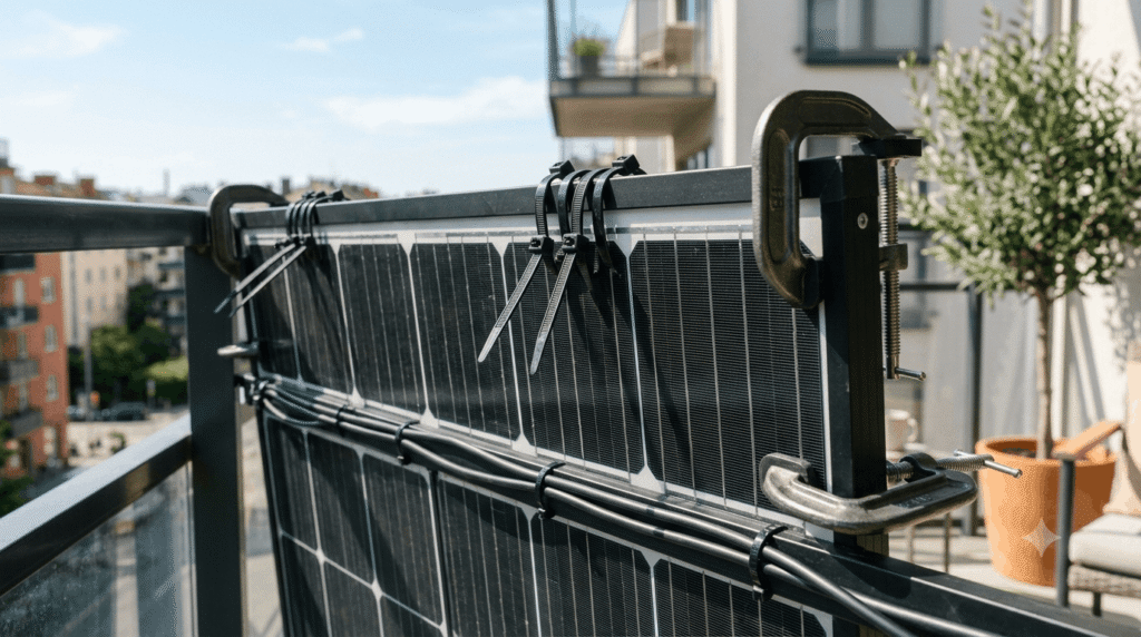 Drill-free balcony solar panel mounting setup for renters