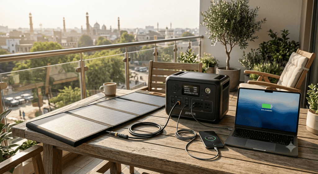 Portable power station being charged by foldable solar panel