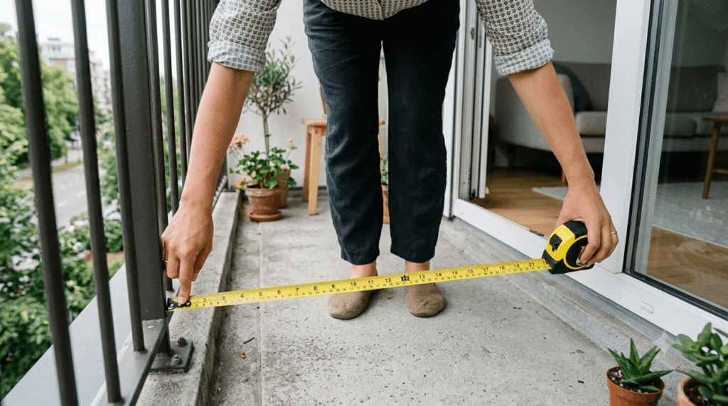 Renter measuring balcony space before buying solar kit