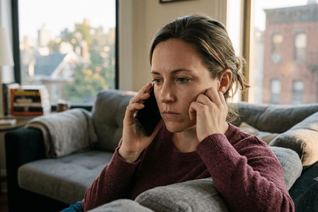 Close-up of a woman talking on a smartphone with a worried expression on a sofa.