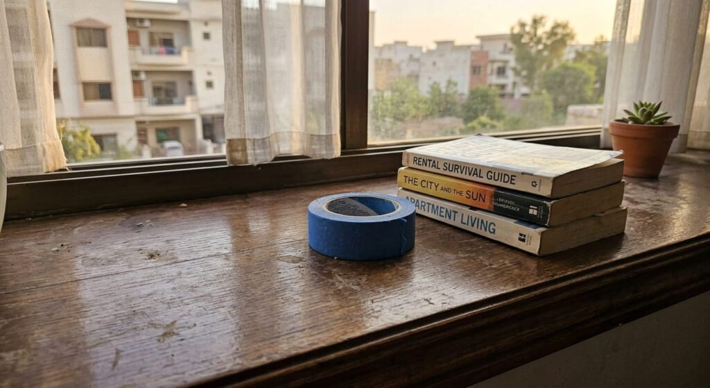 A roll of blue painter's tape sitting beside a stack of paperback books on a wooden windowsill near a window with translucent curtains.