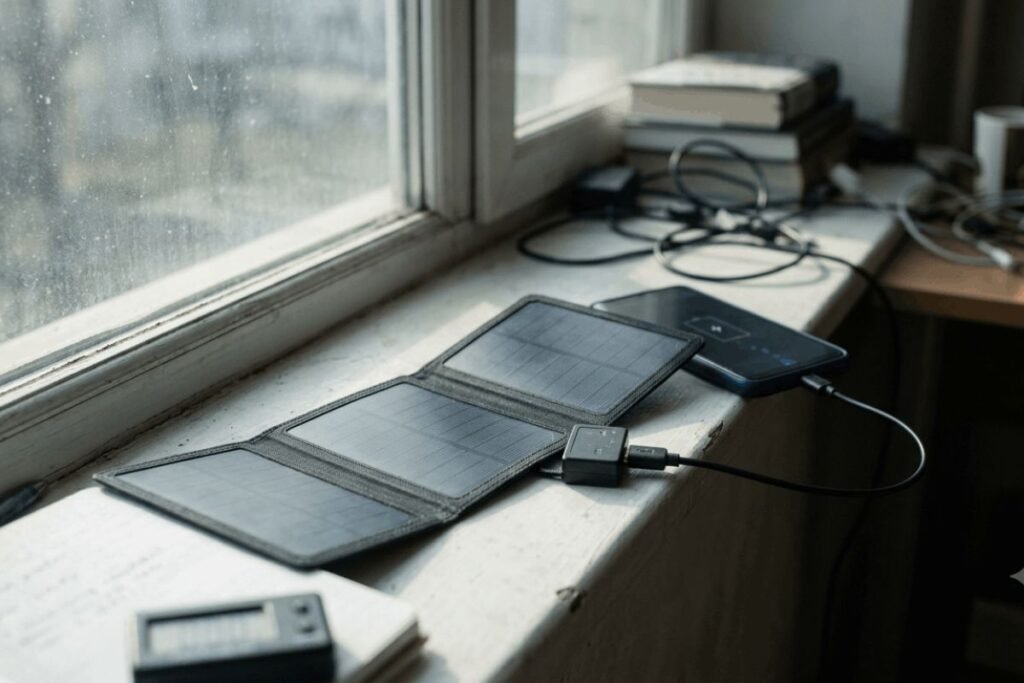 Small portable folding solar charger placed on a windowsill charging a smartphone via USB cable.