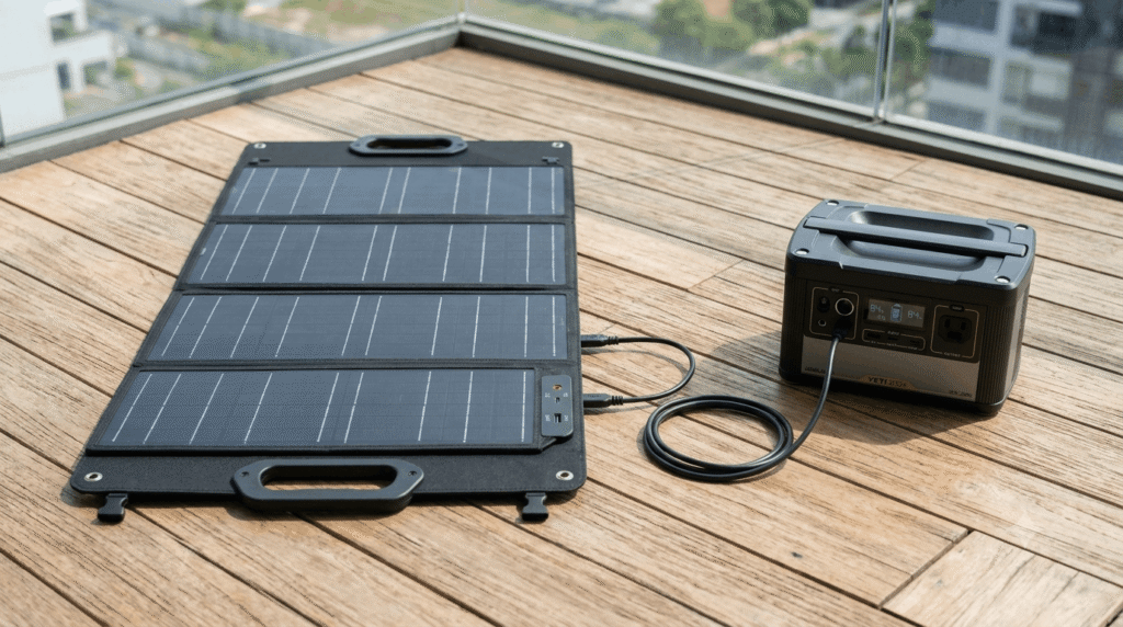 Foldable solar panel connected to portable power station on apartment rooftop deck
