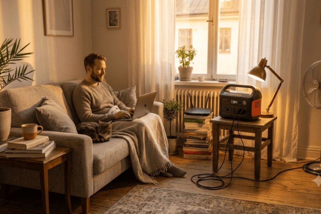 Man sitting on a sofa using a laptop powered by a portable power station in a cozy living room during golden hour.