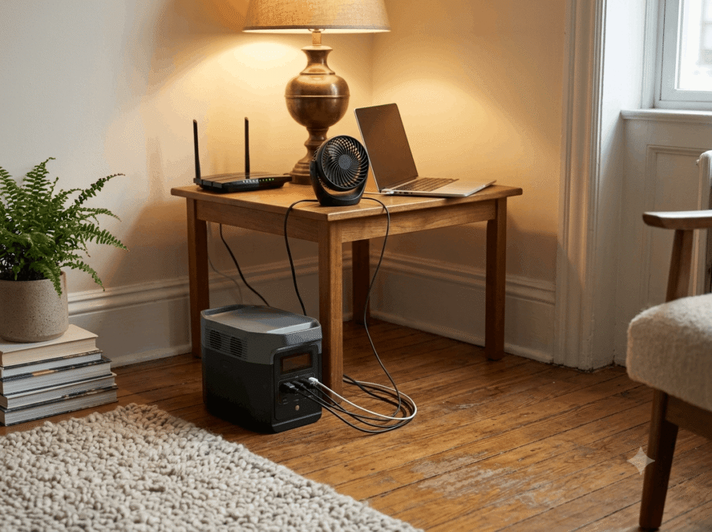 Portable power station running Wi-Fi router, laptop, fan and lamp in apartment living room