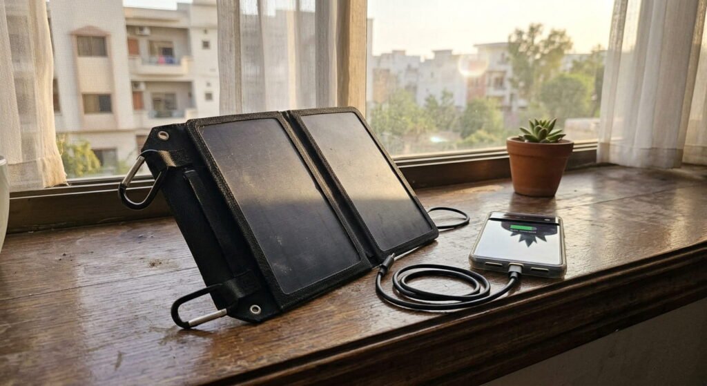 A black foldable solar panel propped open on a wooden windowsill charging a smartphone via a black USB cable in natural window daylight.