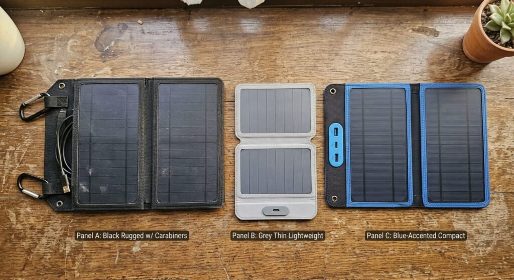 Top-down flat lay view comparing three portable solar chargers side-by-side on a wooden surface, labeled Panel A (rugged black), Panel B (thin grey), and Panel C (blue-accented).
