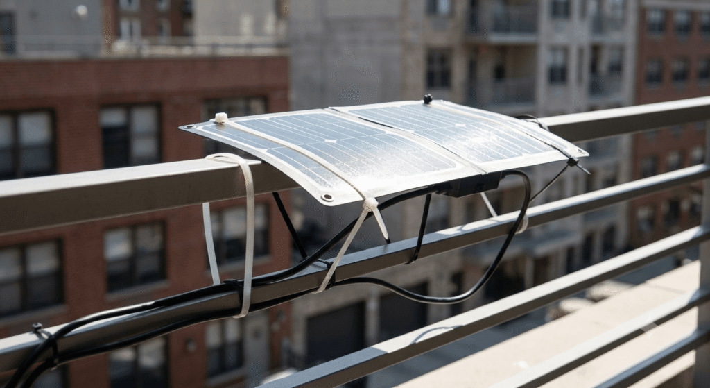 Close-up of foldable solar panel secured with zip ties on high-rise balcony railing