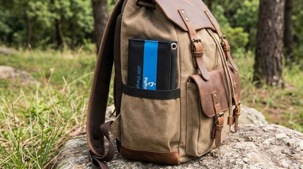 Folded BigBlue 28W portable solar panel tucked neatly into the side pocket of a brown canvas hiking backpack outdoors.