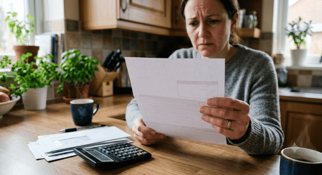 Woman reviewing rising electricity bill at kitchen table looking concerned