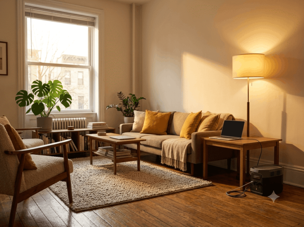 Portable power station powering lamp and laptop in cozy apartment living room corner