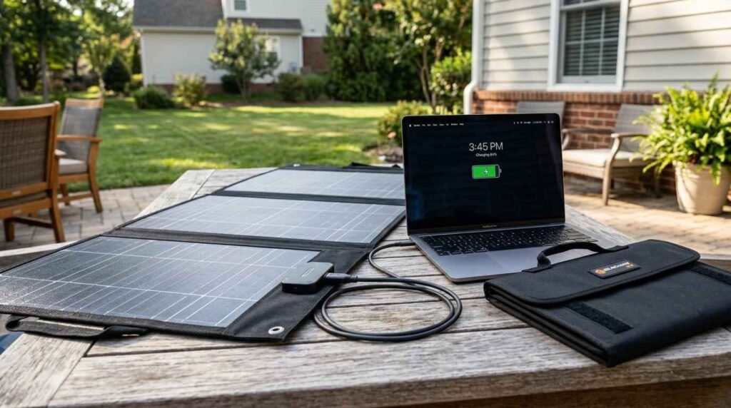 Unfolded Flex Solar 60W portable solar panel on a wooden patio table connected directly to a laptop displaying a charging battery icon, with its folded carrying case alongside.