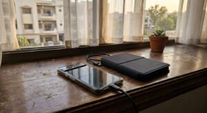 A smartphone and a folded black portable solar panel charger resting flat on a wooden windowsill next to a small potted plant, lit by soft afternoon sunlight through sheer curtains.