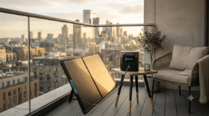 Portable power station and foldable solar panel on apartment balcony with city skyline at sunset