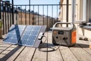 Portable power station connected to a foldable solar panel charging on a wooden apartment balcony.
