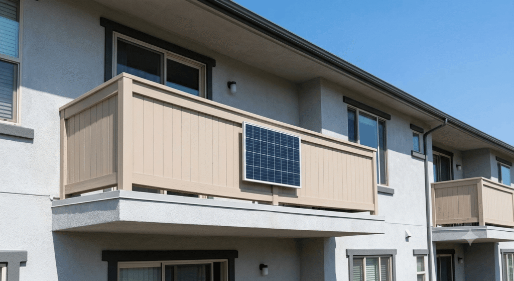 Solar panel mounted on apartment balcony railing blending with exterior design