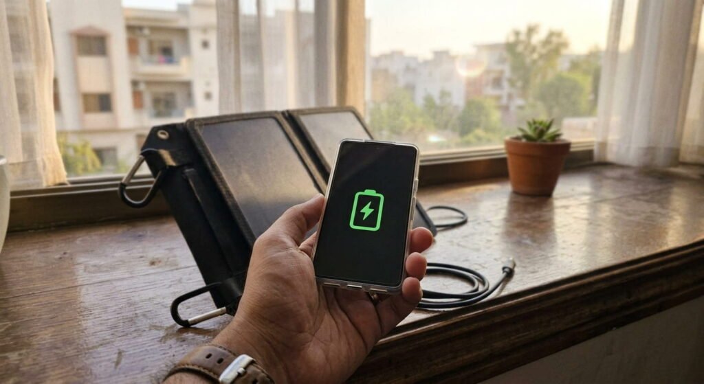 A hand holding a smartphone displaying a green battery charging icon on screen, with a portable solar panel setup and window in the blurred background.