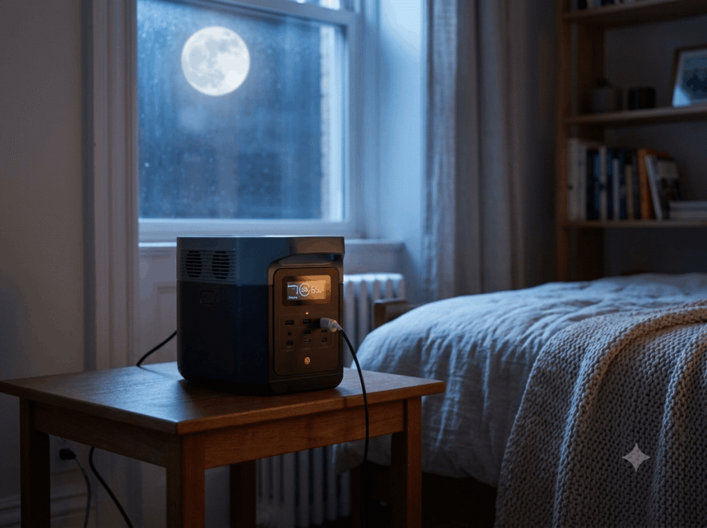 Portable power station charging overnight in bedroom with moonlight through window